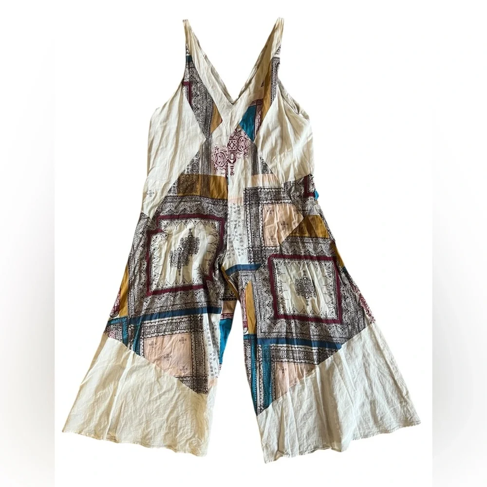 Free People Patchwork V-Neck Wide-Leg Jumpsuit in Cream, Blue, Mustard, Red - Picture 7 of 13